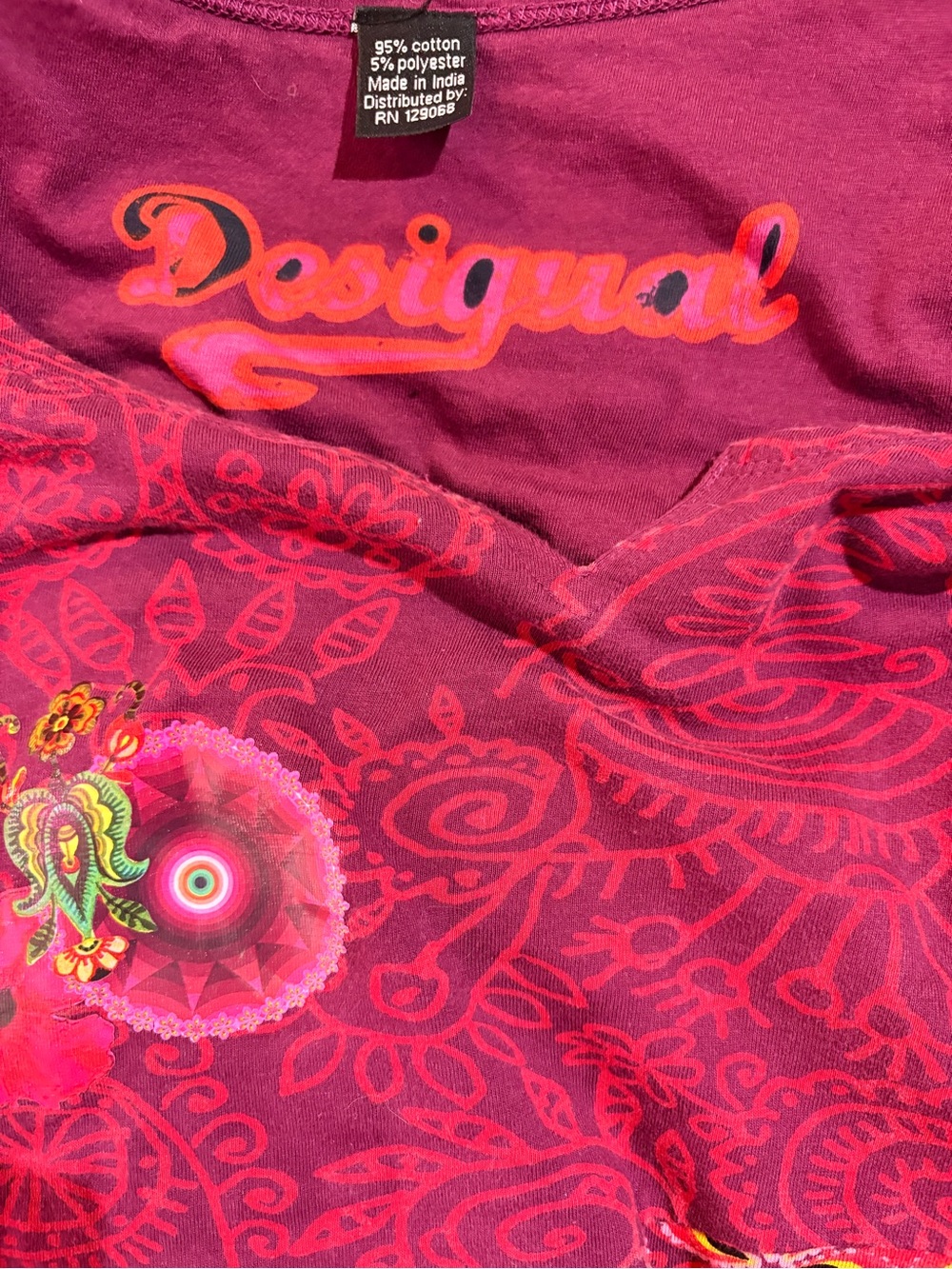 Desigual M Burgundy Patchwork Floral Rhinestone Long Sleeve Dress Y2K Boho - Picture 4 of 12
